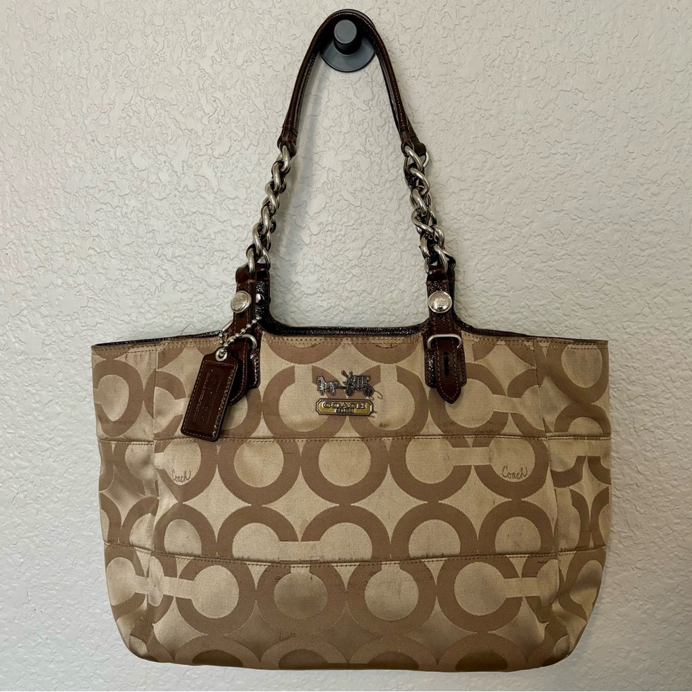 Coach Canvas Leather Tote Madison Tribeca Op Art Small Gold Tan Brown Pink Satin - Picture 7 of 15